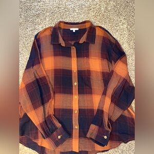 Maurices Orange and Navy Plaid Button-Down Shirt